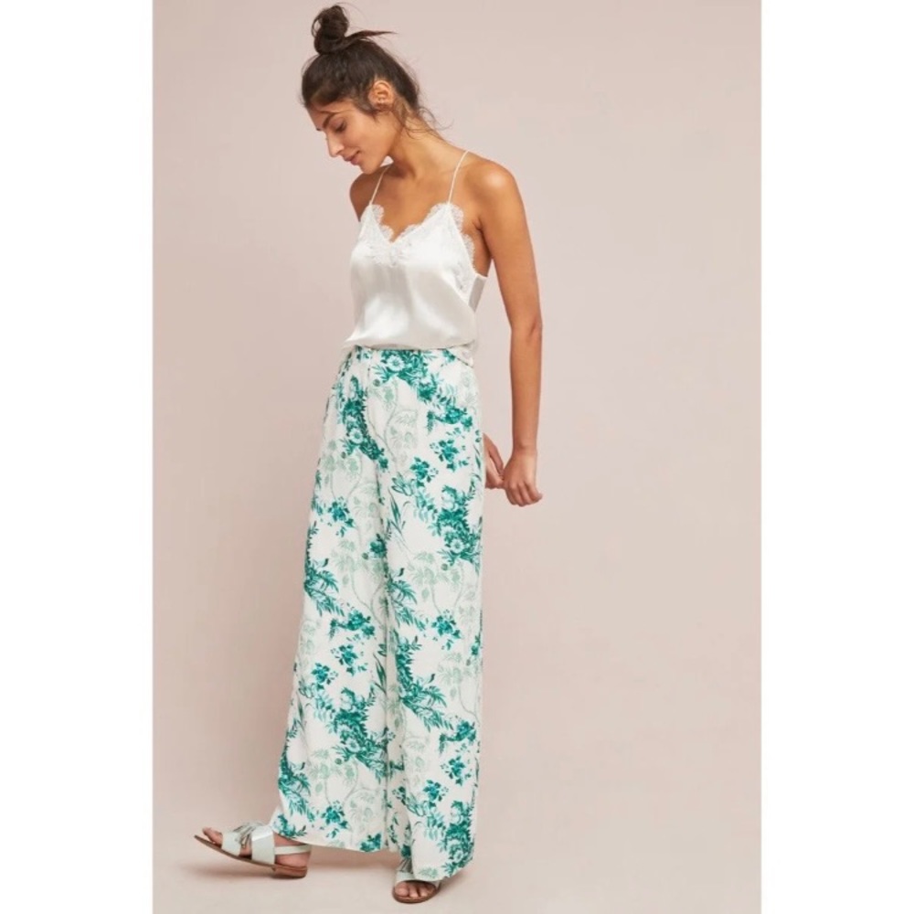 Anthropologie Ett:twa Christina Floral Trouser Pants Emerald/Ivory Size 12